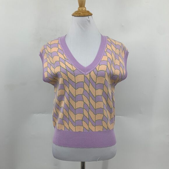 Current Air Sweater Women L Large Lilac Creamsicle Funky Ribbed Knit V Neck Vest - Picture 2 of 13